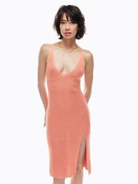 Aritzia Wilfred Evie Midi Dress Crochet 100% Cotton V Neck Coral Size XS NWT